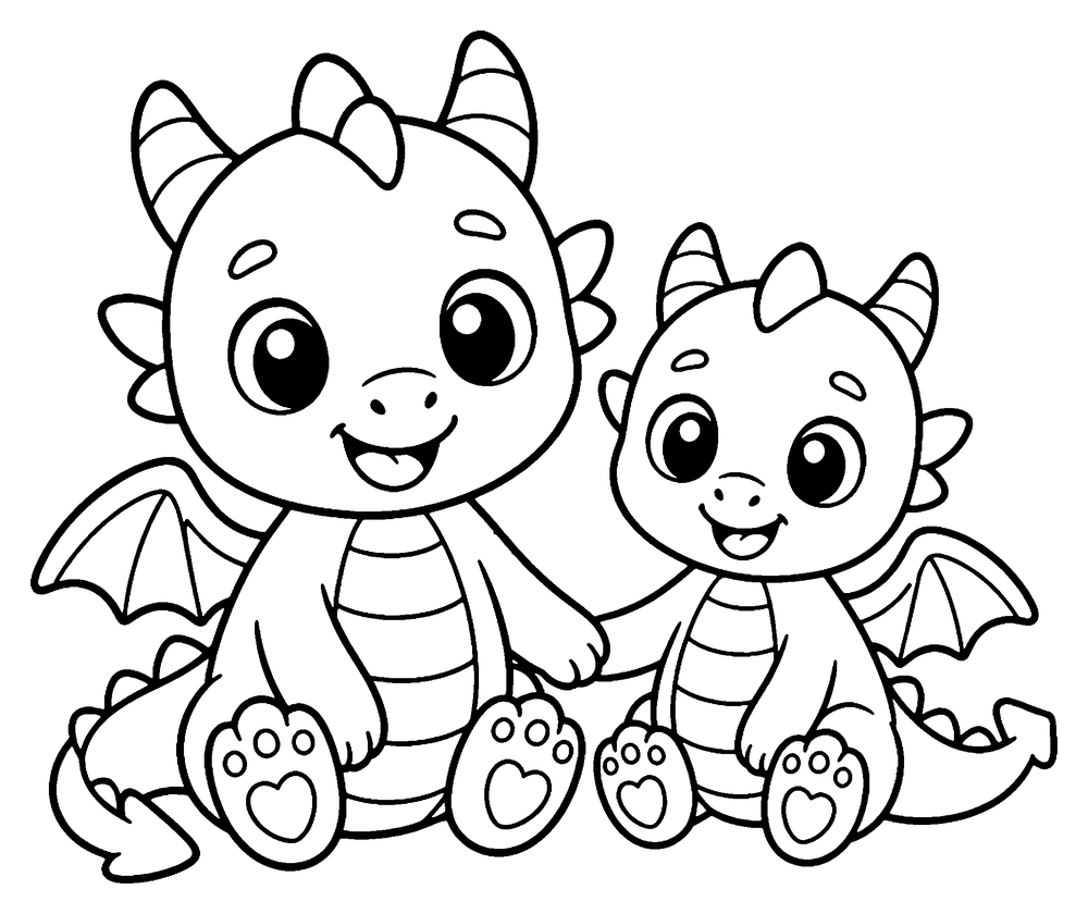 Dragon coloring page: two cute baby dragons sitting side by side and holding hands.
