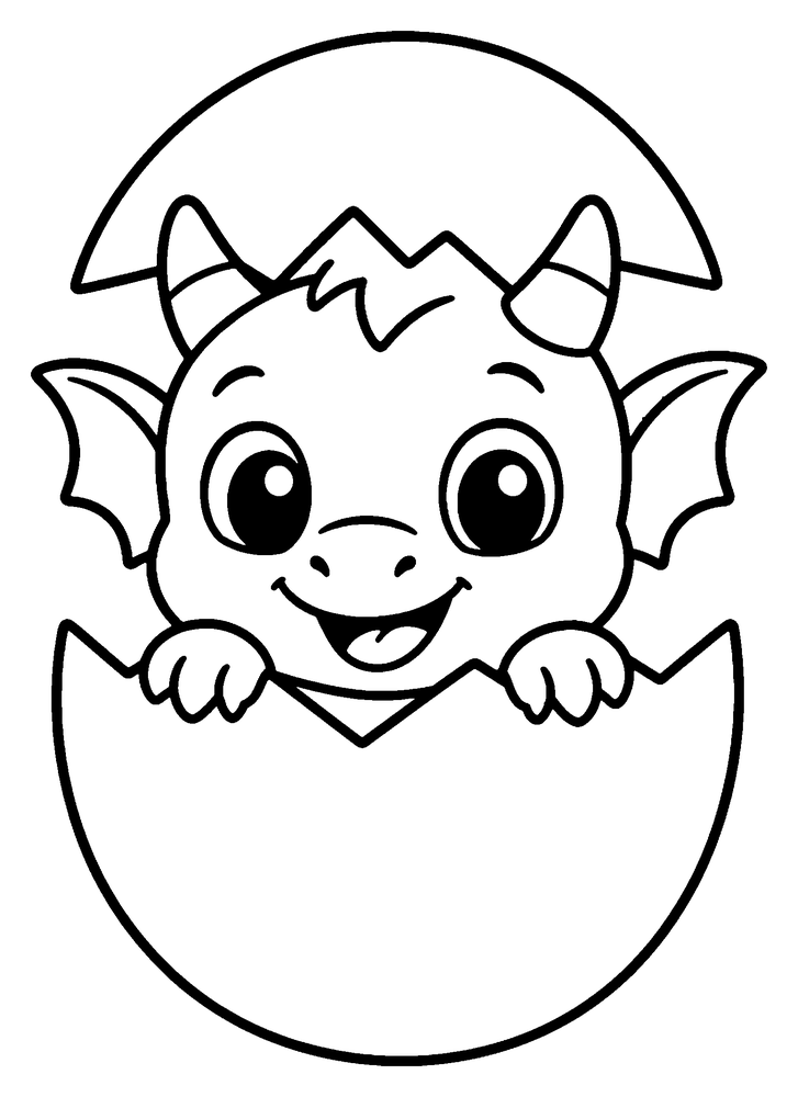 Dragon coloring page: a cute baby dragon hatching from a cracked egg.