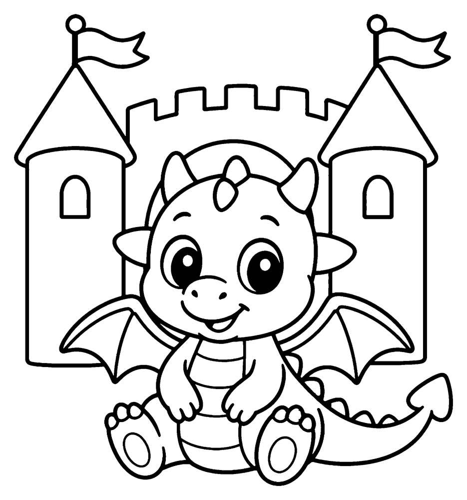 Dragon coloring page: a cute baby dragon sitting in front of a fairy tale castle with two round towers and flags.