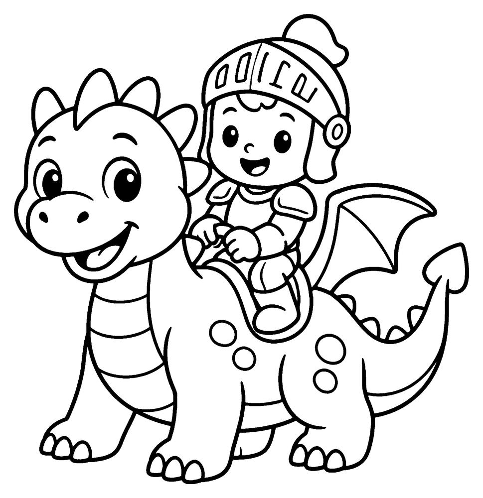Dragon coloring page: a little child knight riding on the back of a cute baby dragon.
