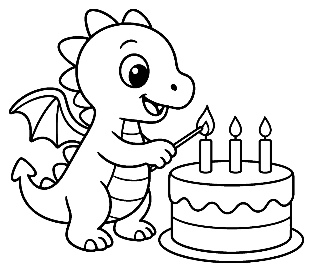 Dragon coloring page: a baby dragon lighting the three candles on a birthday cake with a tiny flame.