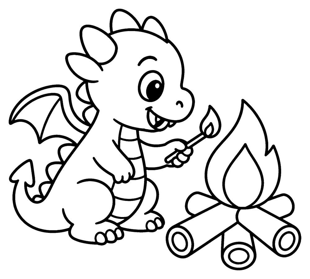 Dragon coloring page: a baby dragon lighting a campfire with a tiny flame next to big logs.