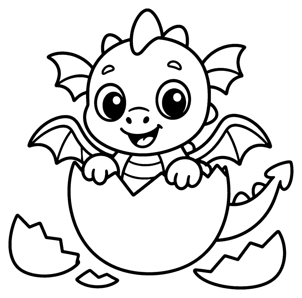 Dragon coloring page: a cute baby dragon peeking out of a cracked egg with shell pieces around it.