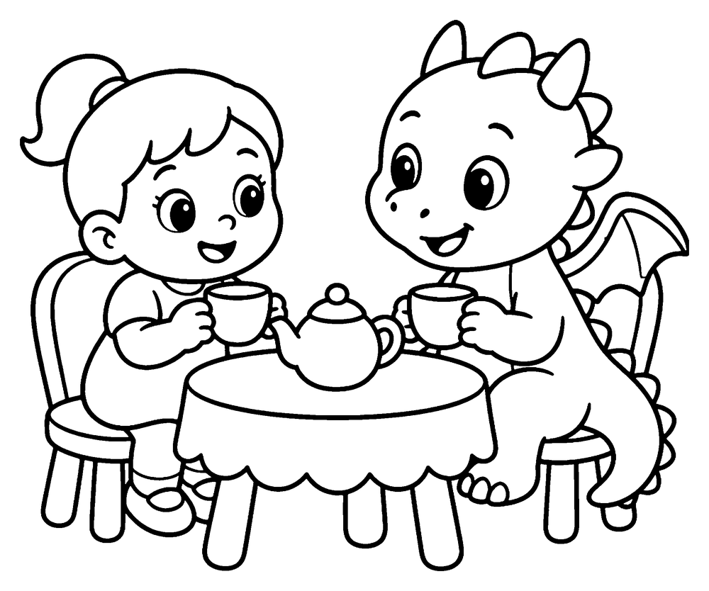 Dragon coloring page: a cute baby dragon and a child having a tea party at a little table.