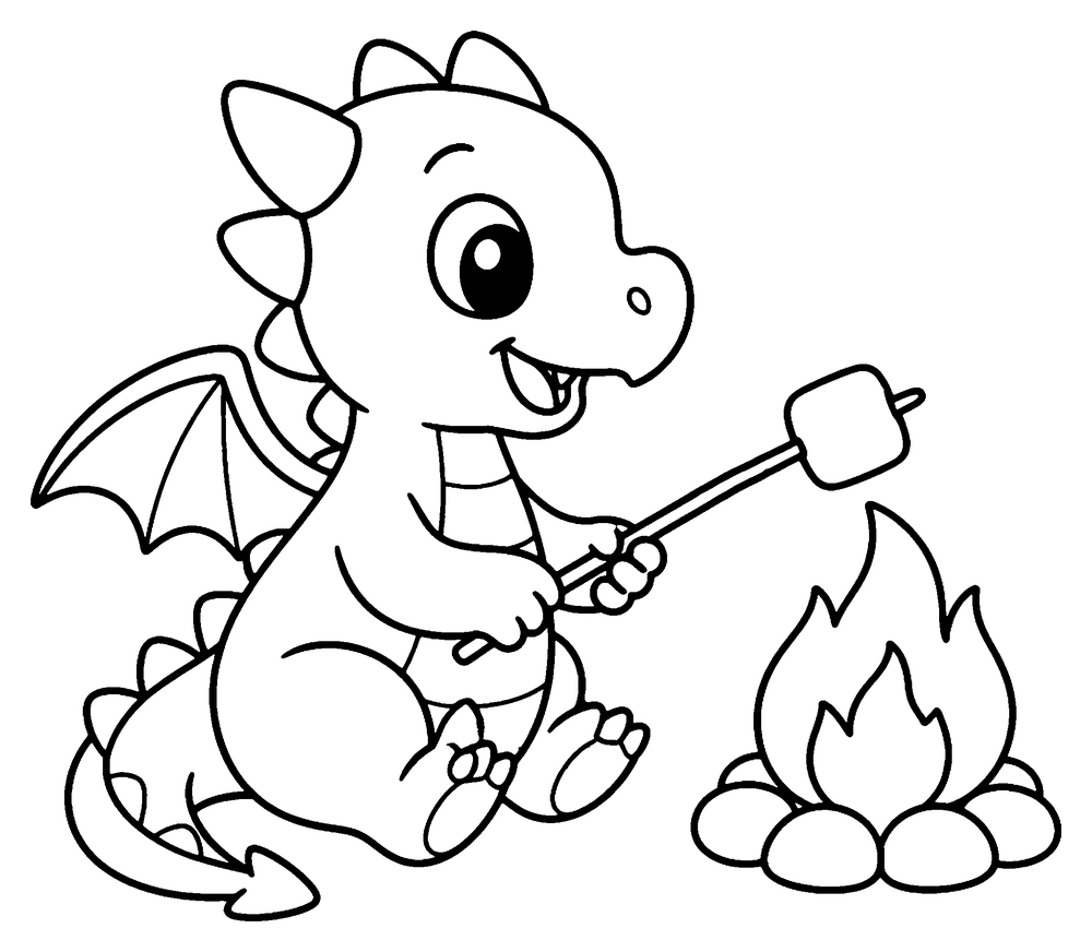 Dragon coloring page: a baby dragon toasting a marshmallow on a stick over a small campfire.