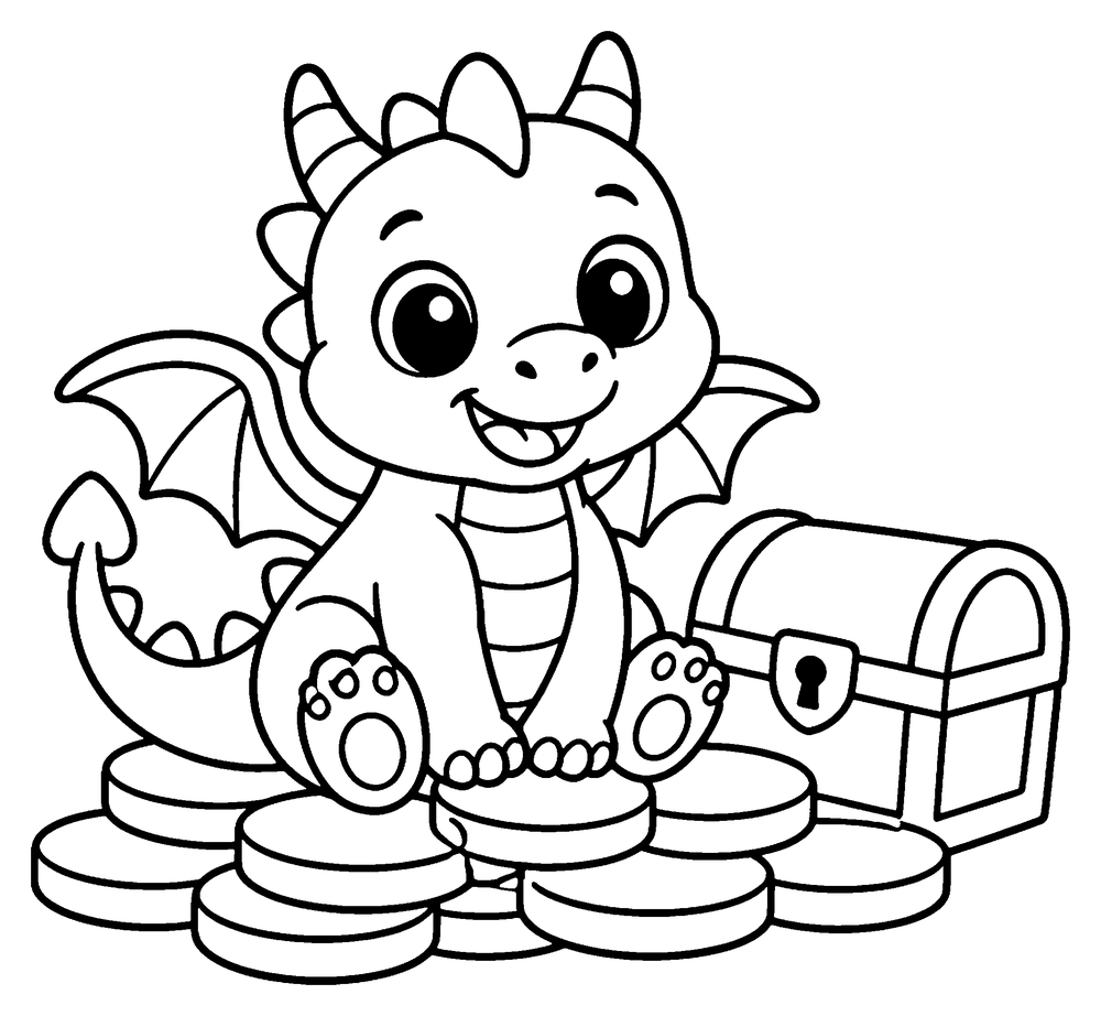 Dragon coloring page: a cute baby dragon sitting on a pile of coins next to a treasure chest.