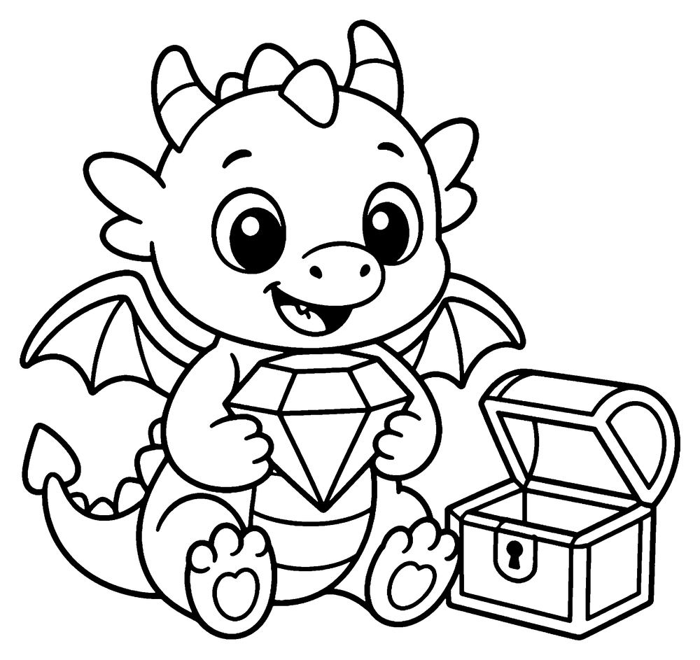 Dragon coloring page: a cute baby dragon holding a big gem next to an open treasure chest.