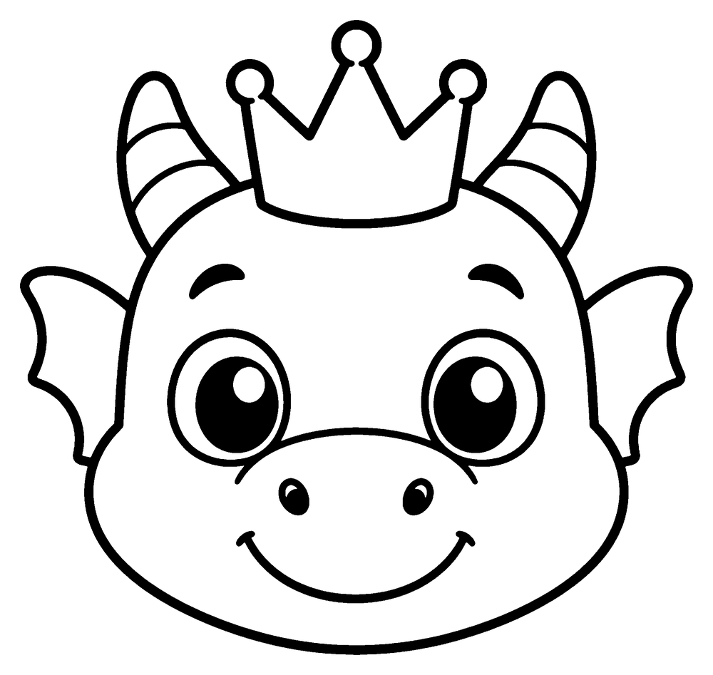 Dragon coloring page: a simple baby dragon head wearing a little crown.