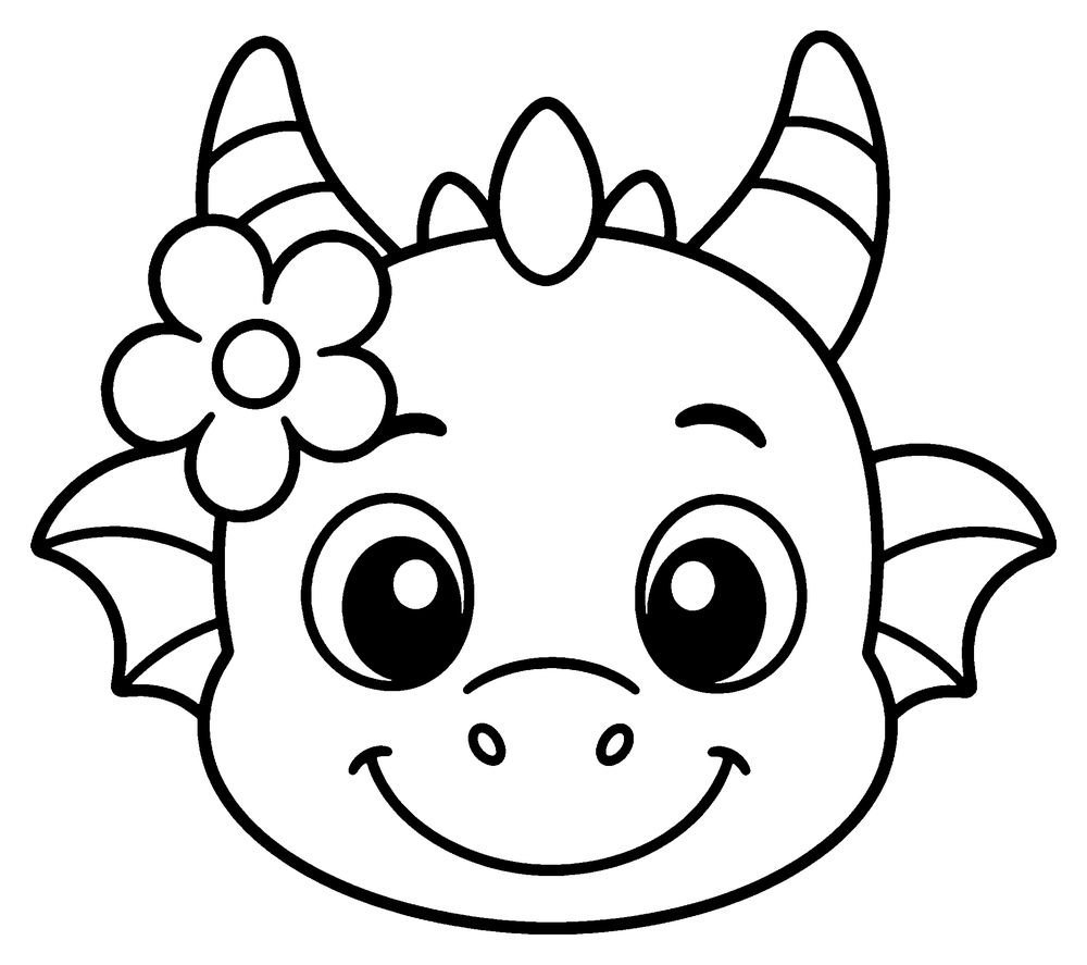 Dragon coloring page: a simple baby dragon head with a big flower beside its horn.