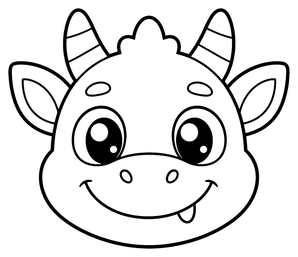 Dragon coloring page: a simple baby dragon head with a wide grin and one small tooth.