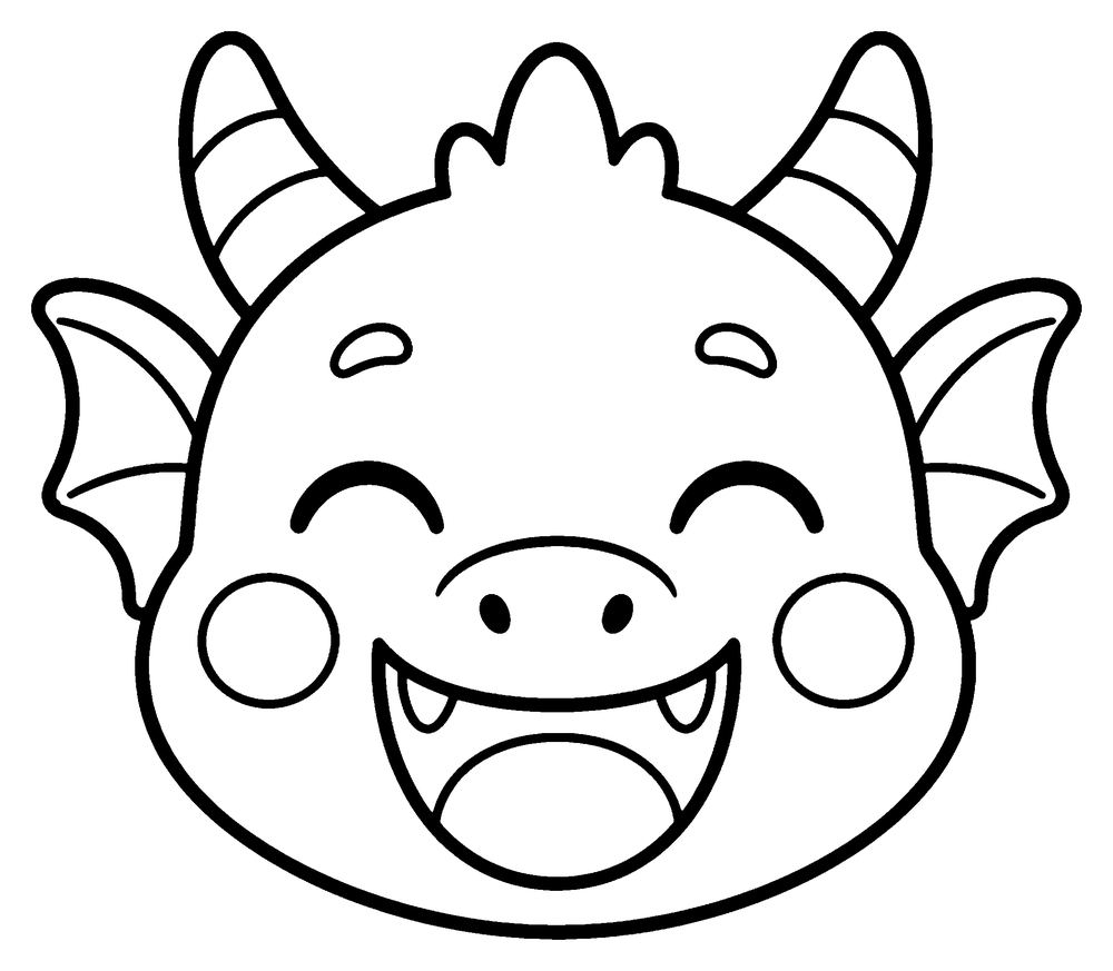 Dragon coloring page: a simple baby dragon head laughing with closed eyes and round cheeks.