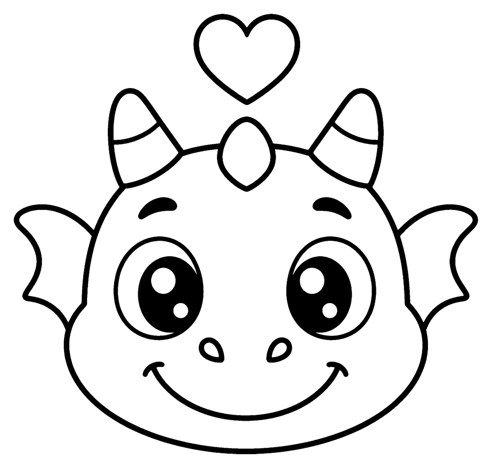 Dragon coloring page: a simple baby dragon head with a little heart floating above it.