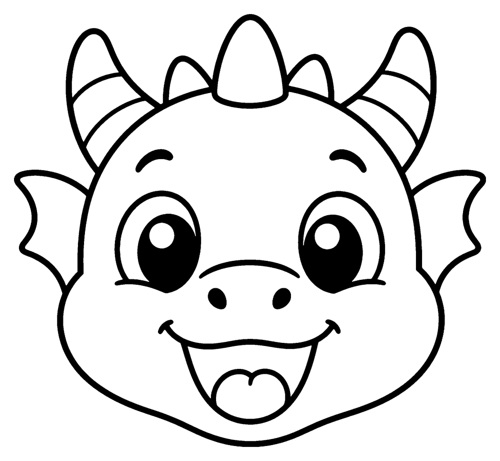 Dragon coloring page: a simple baby dragon head with an open happy mouth and a little tongue.