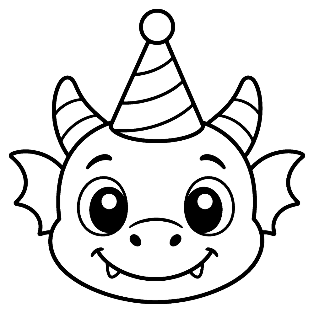 Dragon coloring page: a simple baby dragon head wearing a striped party hat.