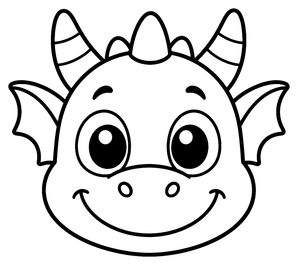 Dragon coloring page: a very simple baby dragon head with big round eyes and a wide smile.