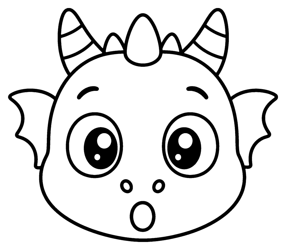 Dragon coloring page: a simple baby dragon head with big round eyes and a small round open mouth.