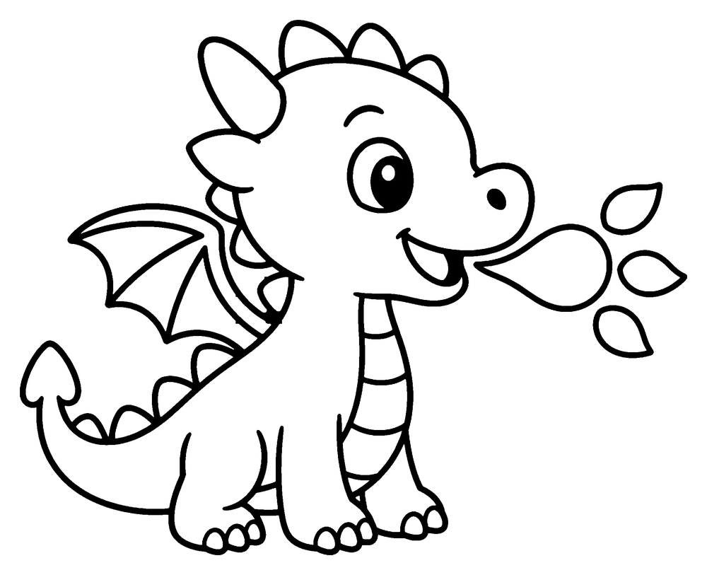 Dragon coloring page: a friendly baby dragon breathing three small flames, seen from the side.