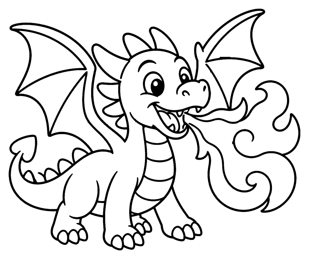 Dragon coloring page: a friendly dragon with wide open wings breathing a swirl of flames.