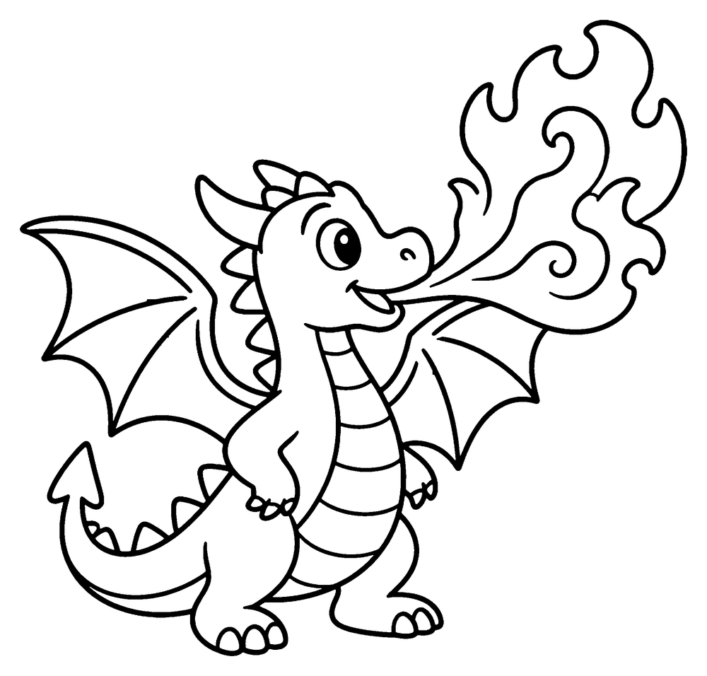 Dragon coloring page: a friendly young dragon with big wings breathing a big swirl of flames up into the air.