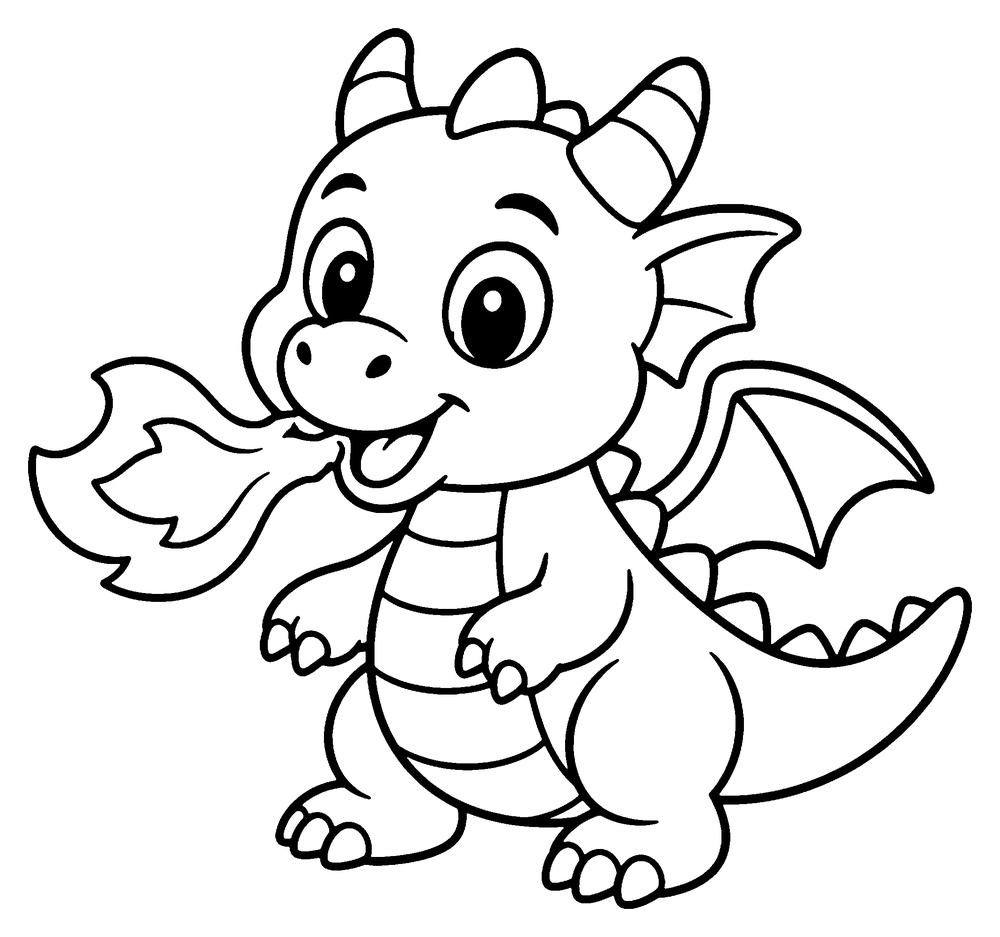 Dragon coloring page: a friendly baby dragon blowing out a small flame.