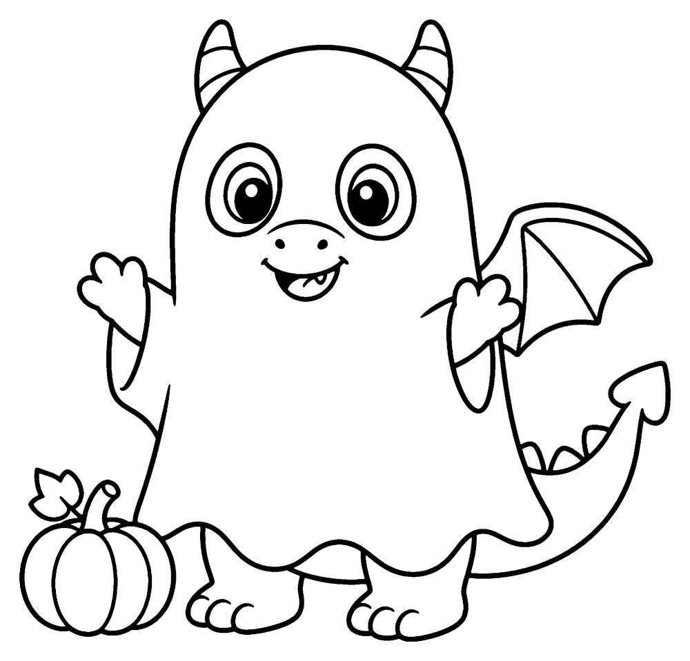 Dragon coloring page: a friendly baby dragon dressed as a ghost in a white sheet, with a small pumpkin beside it.