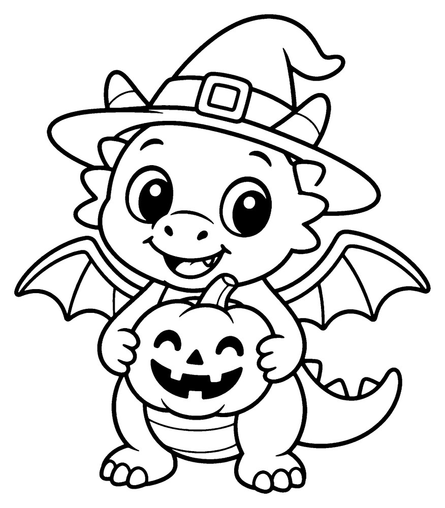 Dragon coloring page: a friendly baby dragon in a witch hat holding a smiling jack-o-lantern.