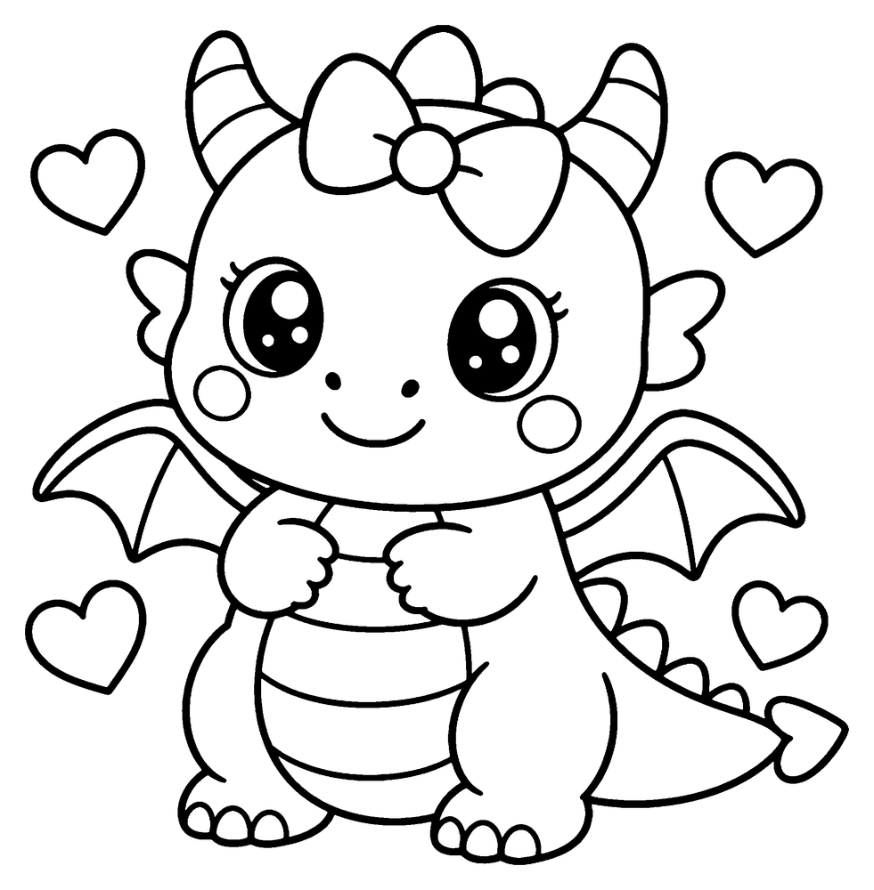 Dragon coloring page: a kawaii baby dragon wearing a bow, with little hearts around it.