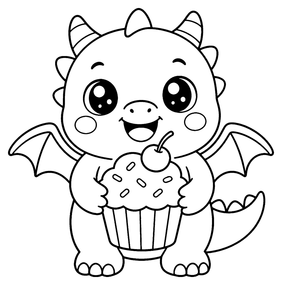 Dragon coloring page: a kawaii baby dragon holding a big cupcake with a cherry on top.