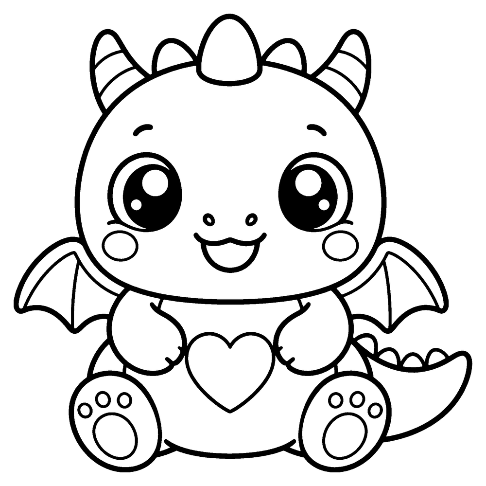 Dragon coloring page: a kawaii baby dragon sitting with a small heart on its belly.