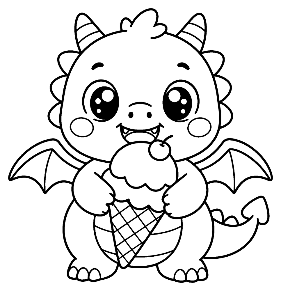 Dragon coloring page: a kawaii baby dragon holding a big ice cream cone.