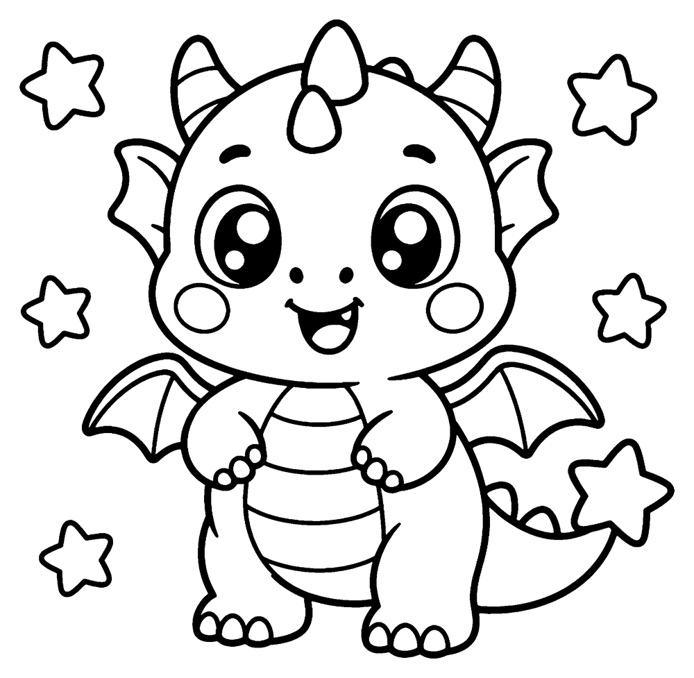 Dragon coloring page: a kawaii baby dragon with a star on its tail surrounded by little stars.