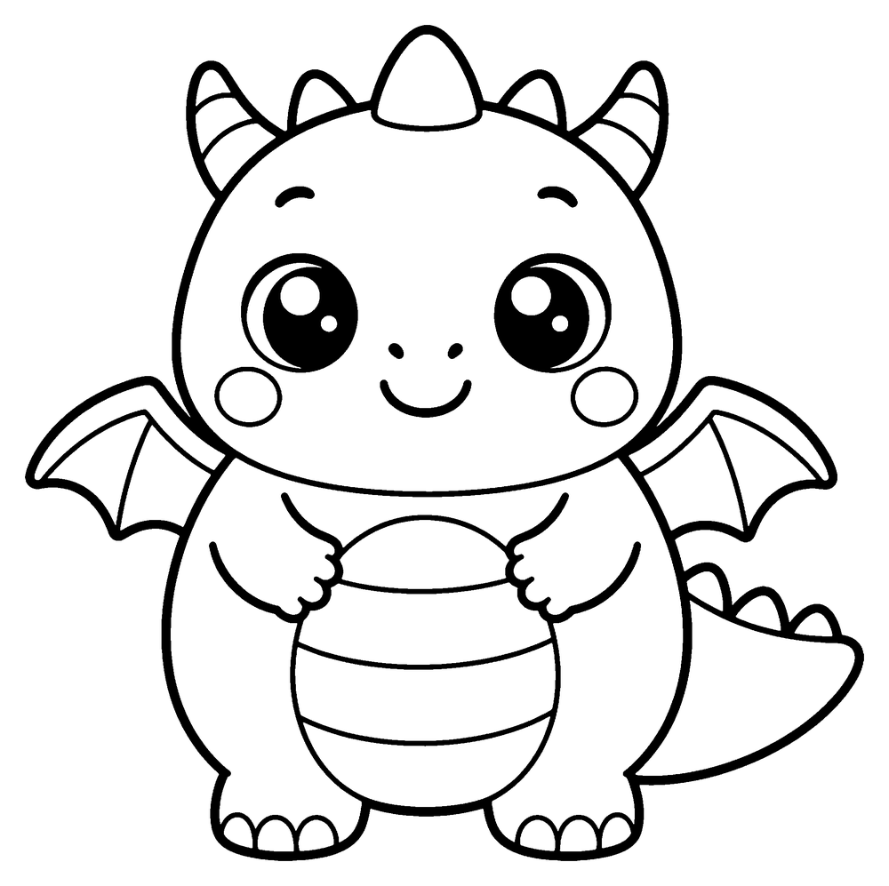 Dragon coloring page: a kawaii baby dragon with a very round chubby body, huge sparkly eyes and rosy cheeks.