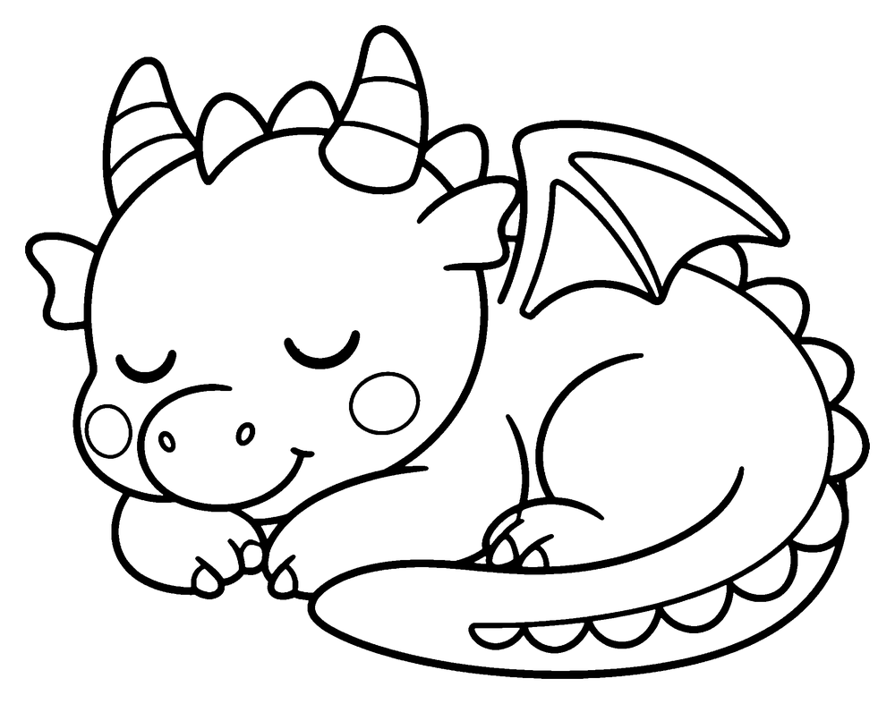 Dragon coloring page: a sleeping baby dragon with rosy cheeks, its wings folded and its tail tucked in.