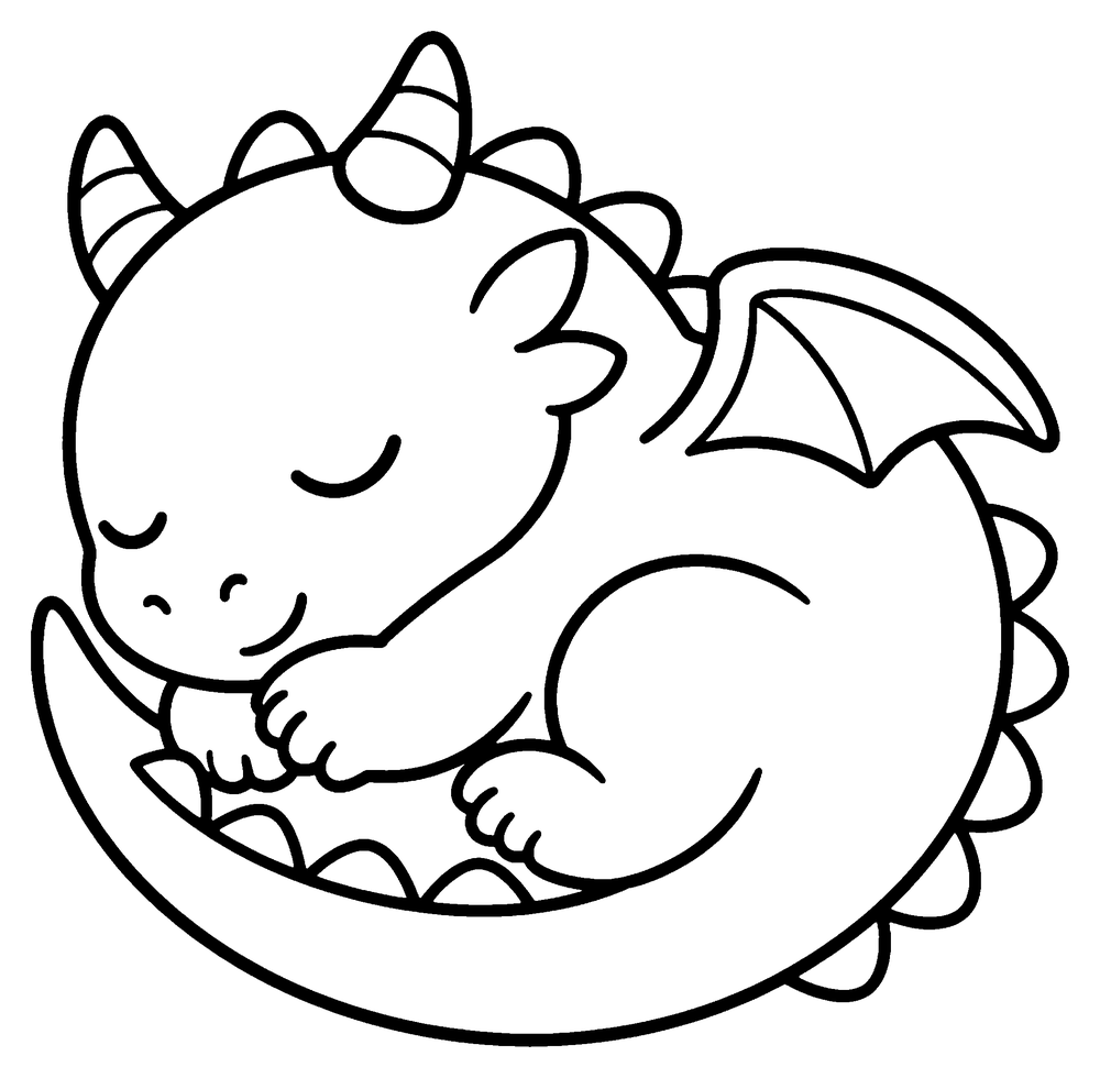 Dragon coloring page: a sleeping baby dragon curled up in a round ball with its eyes closed.