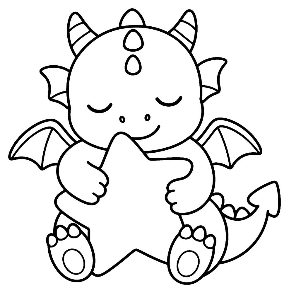 Dragon coloring page: a baby dragon asleep and hugging a big star.