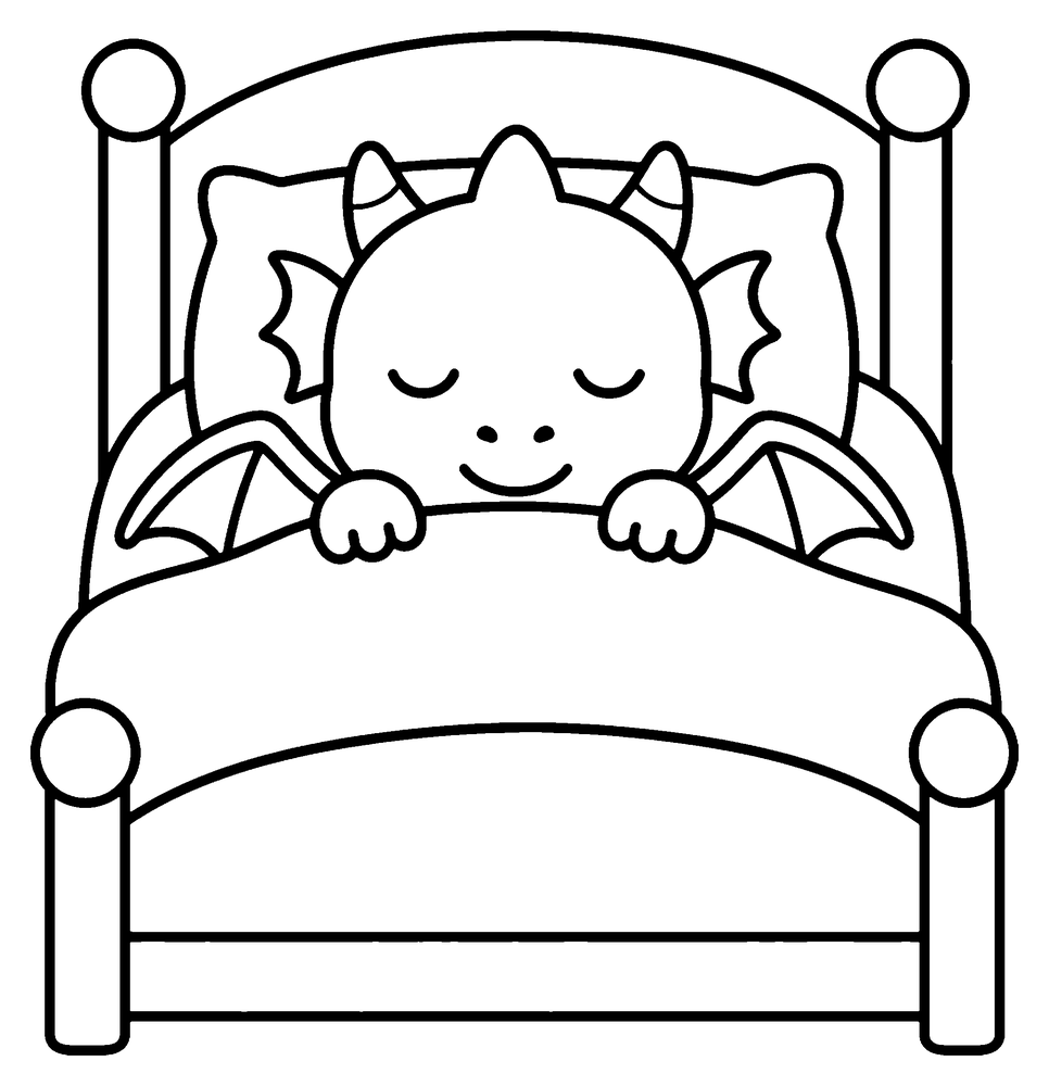 Dragon coloring page: a baby dragon asleep in a little bed with a blanket up to its chin.
