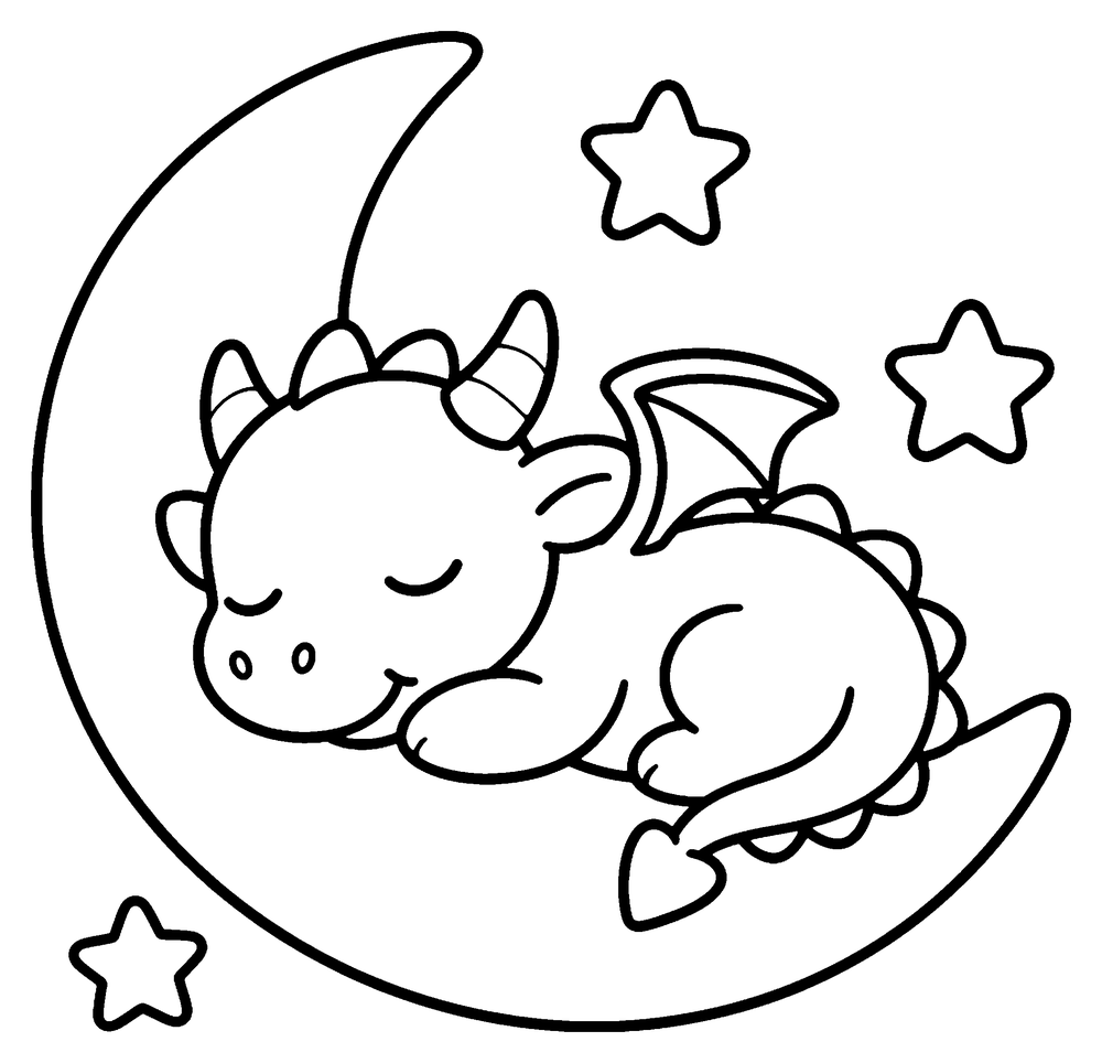 Dragon coloring page: a baby dragon sleeping on a crescent moon with three stars around it.