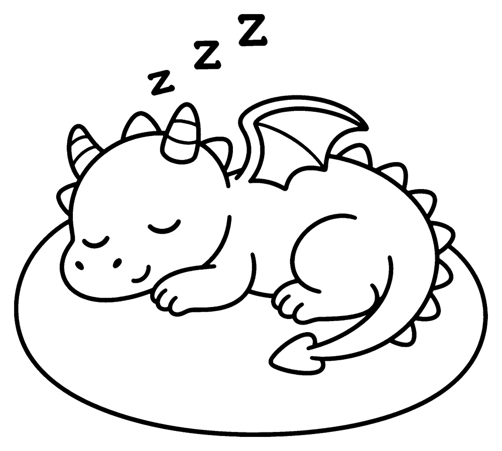 Dragon coloring page: a baby dragon sleeping on a big round pillow with little Z letters above it.