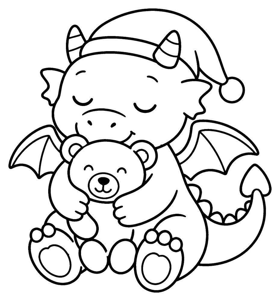 Dragon coloring page: a baby dragon in a nightcap asleep and hugging a teddy bear.