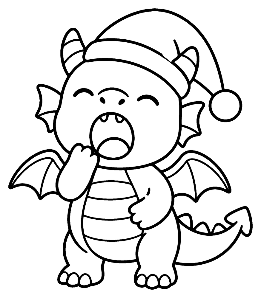 Dragon coloring page: a baby dragon in a nightcap yawning a big round yawn with its eyes closed.