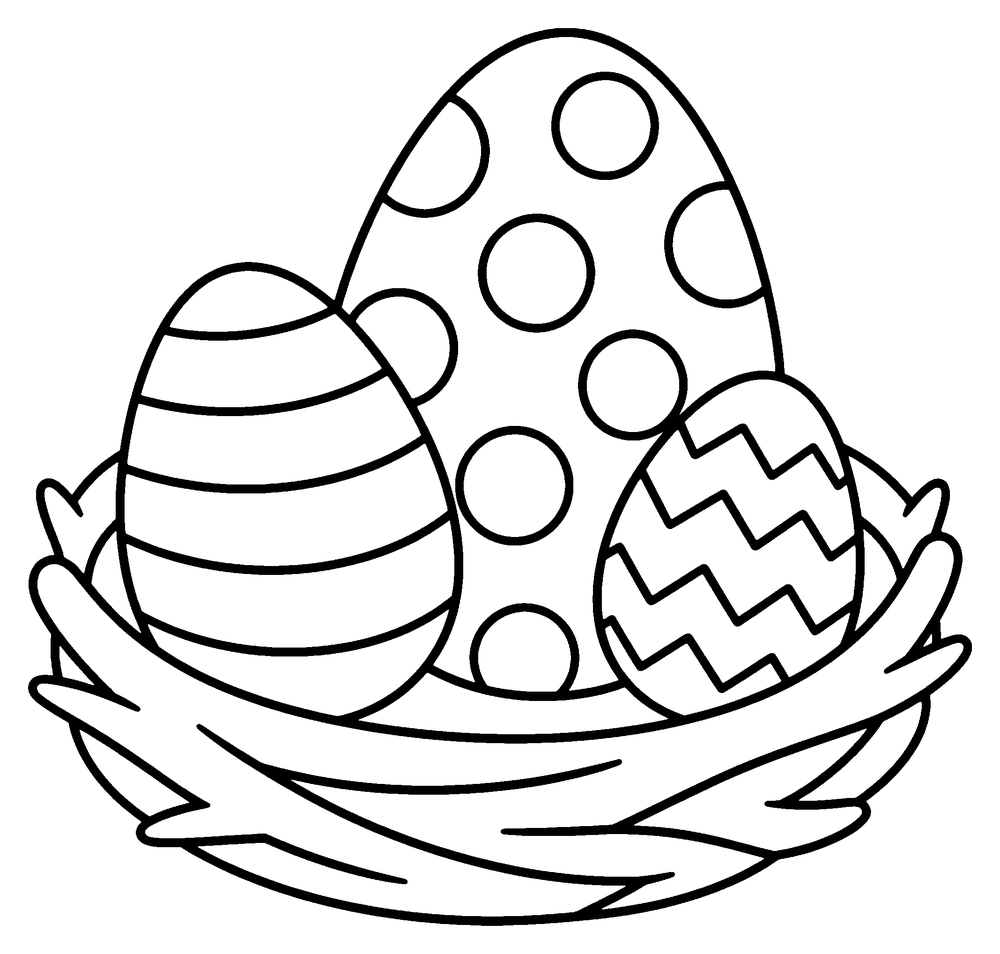 Dragon coloring page: three dragon eggs of different sizes with different patterns in a nest.
