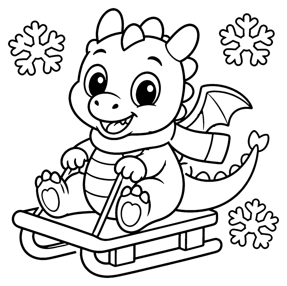 Dragon coloring page: a cute baby dragon in a scarf riding a little sled with snowflakes falling.