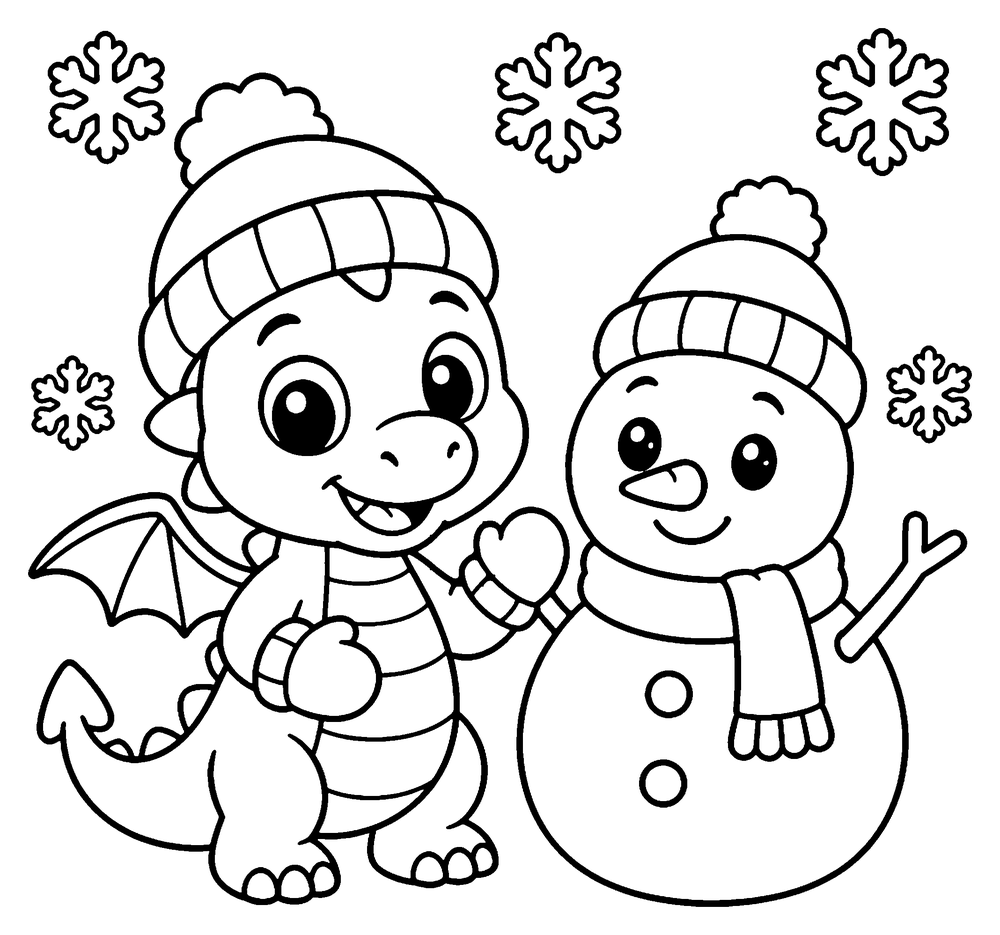 Dragon coloring page: a cute baby dragon in a knitted hat and mittens next to a smiling snowman.