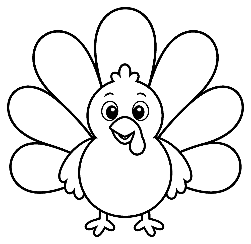 The thankful turkey coloring page: a round turkey with seven big empty tail feathers.