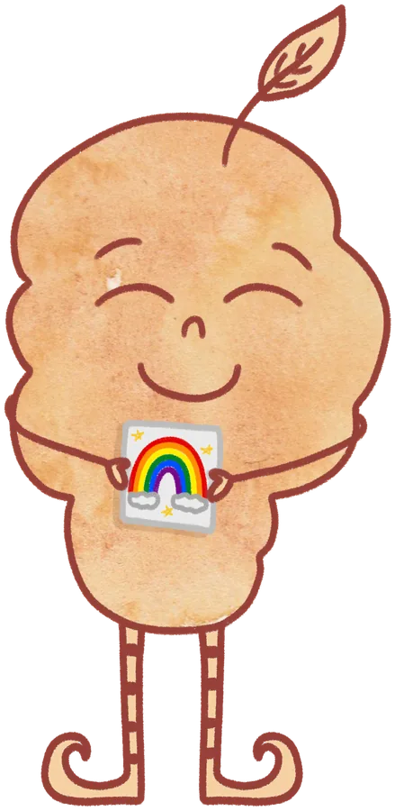 Fall from Finding Gratitude, a round orange character with a leaf on his head, smiling with his eyes closed and holding his notebook.