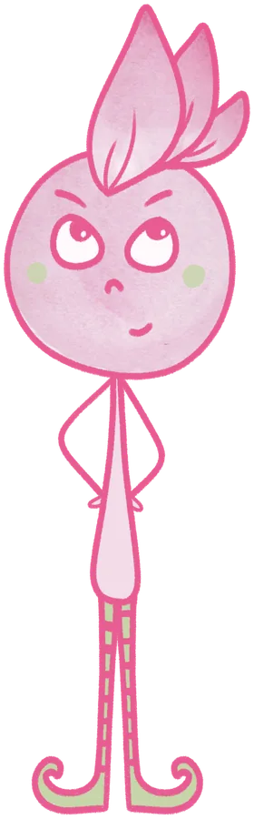Spring from Finding Gratitude, a tall pink character with petals on her head, arms crossed and a little annoyed.