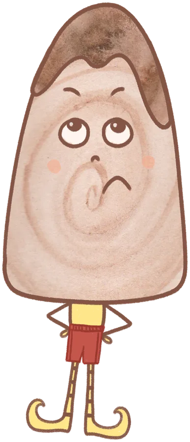 Summer from Finding Gratitude, a character shaped like a melting ice pop, in a red swimsuit.
