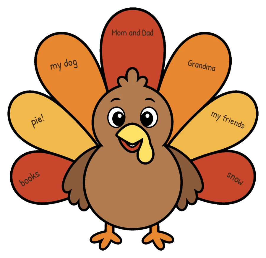 The thankful turkey colored in, with a thankful thing written in each of its seven tail feathers: Mom and Dad, my dog, Grandma, pie, my friends, books and snow.