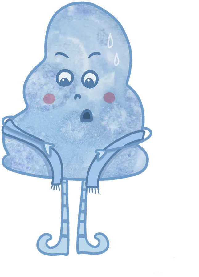 Winter from Finding Gratitude, a round pale blue character in a blue scarf, looking surprised.