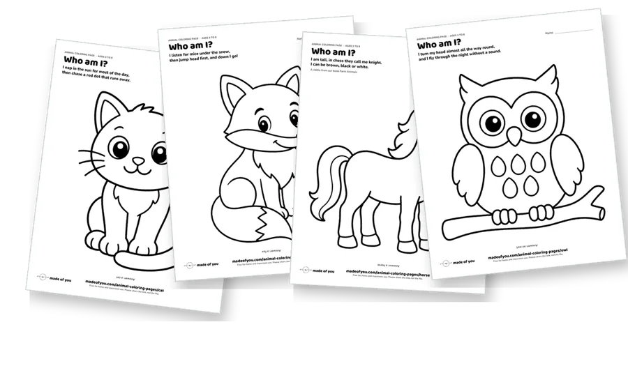 The first pages of the animal coloring pack, fanned out